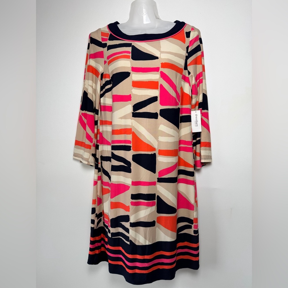 Dressbarn Shift Dress Back Zip Lined Stretch Geometric Beige Coral Women size 4